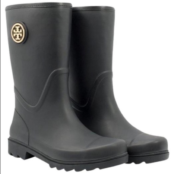 Tory Burch Black Maureen Rain Rubber‎ Short Boots Women’s Sz 5 - Picture 1 of 10
